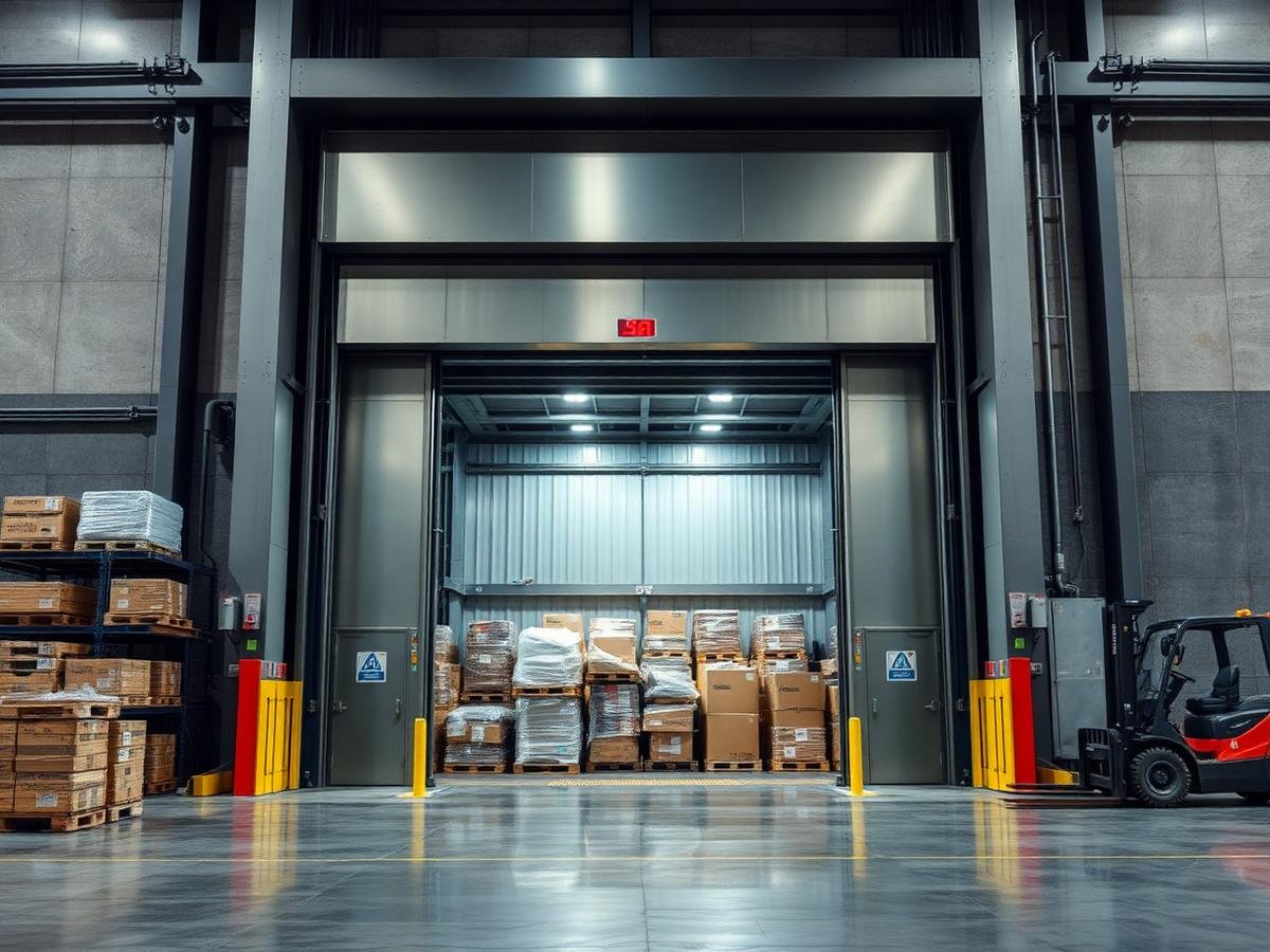 Wide industrial goods elevator serving a warehouse floor