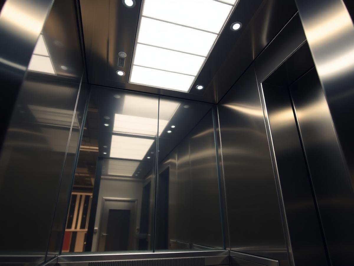 Passenger elevator cabin with mirrored panels and LED ceiling lighting