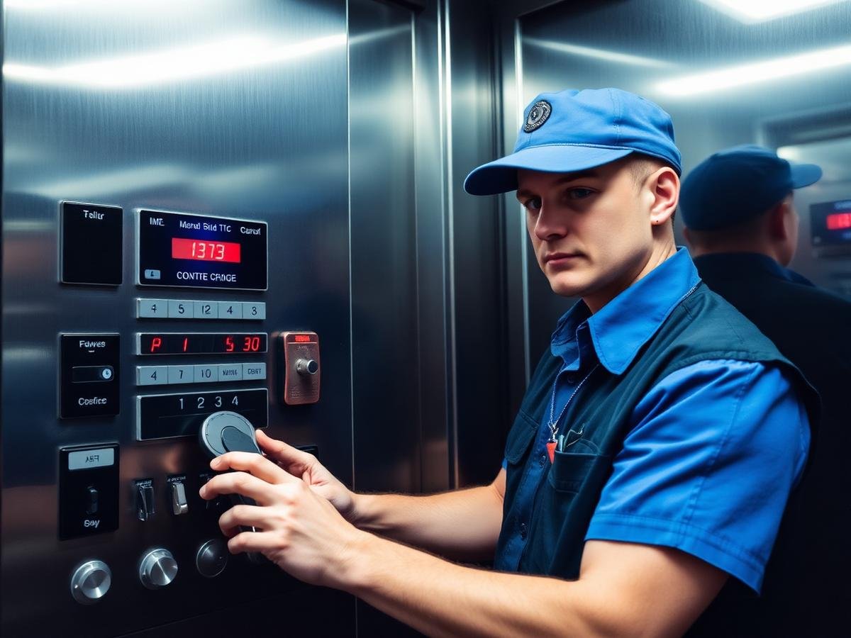 Elevator maintenance engineer inspecting cabin controls